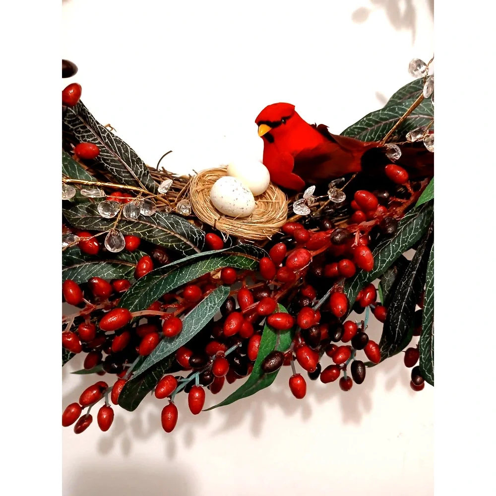 Winter Berries Door Wreath Realistic Red CARDINAL‎ Egg Nest Holiday Ice Crystals